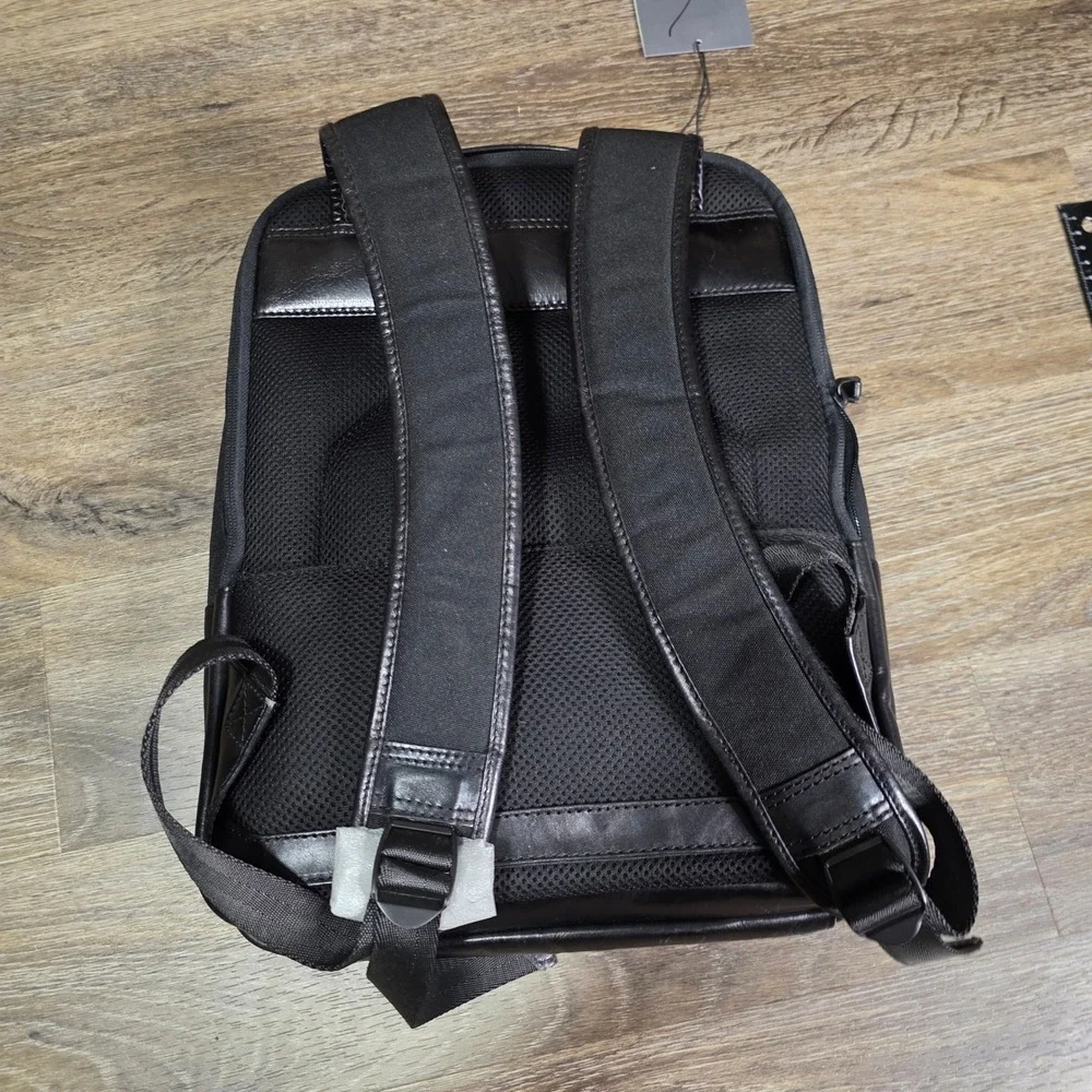 Joseph Abboud Mens OS Laptop Backpack Black Leather Trim Canvas Commuter‎ Bag